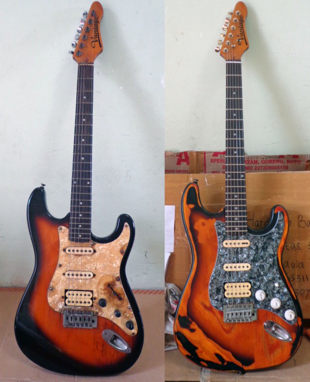 relic guitar Vantage Stratocaster vie 10 before after
